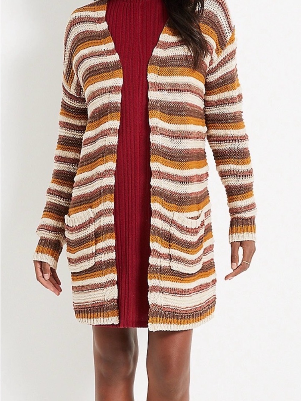 Maurice’s Brown Tan Striped Duster Cardigan Knit Open Front Boho XXL Women’s